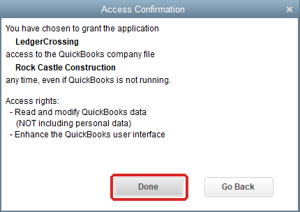 The QuickBooks Access Confirmation window with Done marked