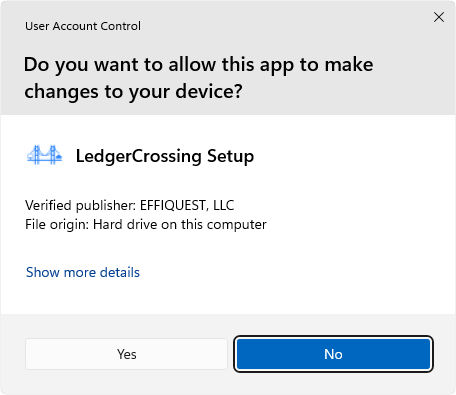 Windows User Account Control prompt for LedgerCrossing Setup showing Verified publisher: EFFIQUEST, LLC